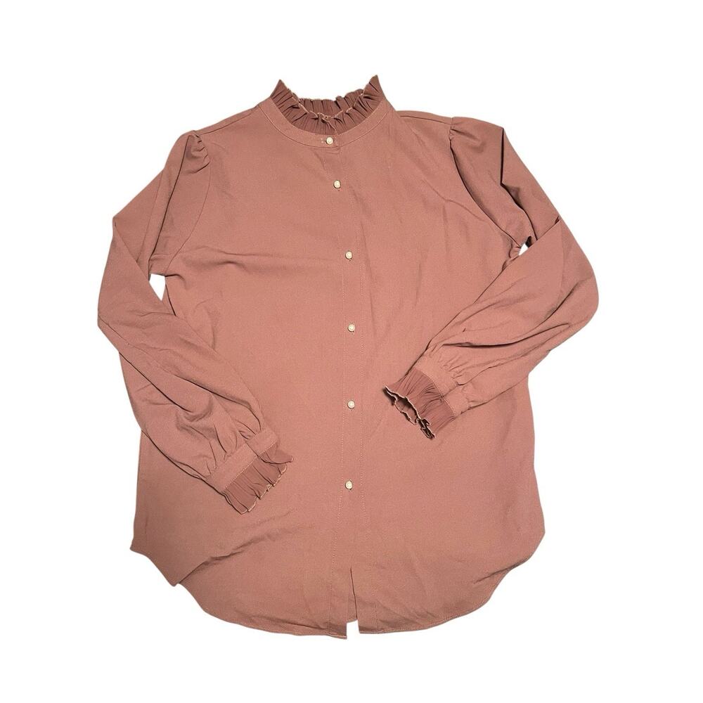 Vintage Women's Taupe Secretary Ruffled Collar Blouse Button Up Long Sleeve M